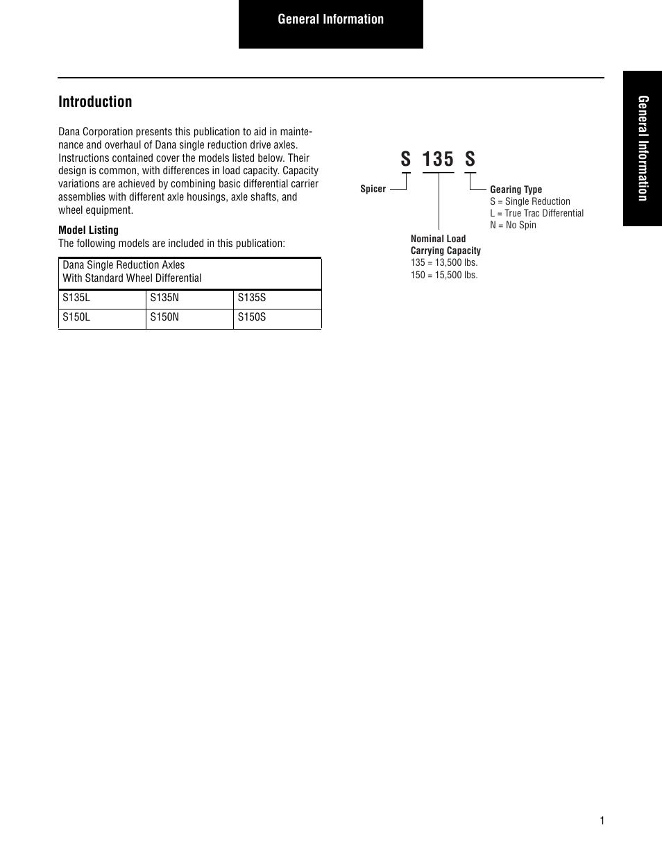 Introduction, S 135 s | Spicer Single Drive Axles Service Manual: S135L, S135N, S135S, S150L, S150N, S150S User Manual | Page 5 / 50