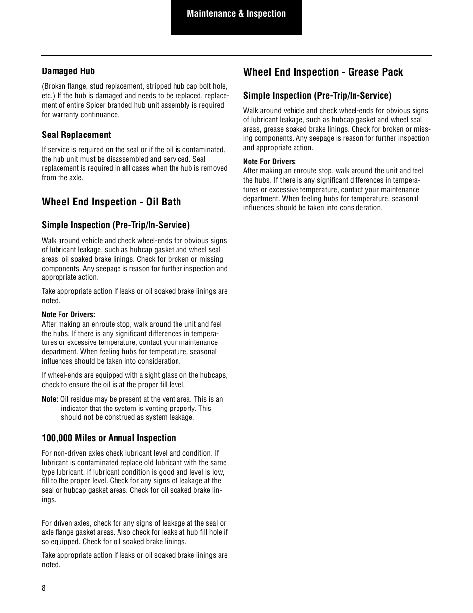 Wheel end inspection - oil bath, Wheel end inspection - grease pack | Spicer Steer and Drive Wheel Ends Service Manual User Manual | Page 10 / 56