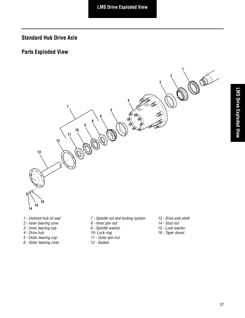 Standard hub drive axle, Standard hub drive axle parts exploded view | Spicer Steer and Drive Wheel Ends Service Manual User Manual | Page 29 / 56