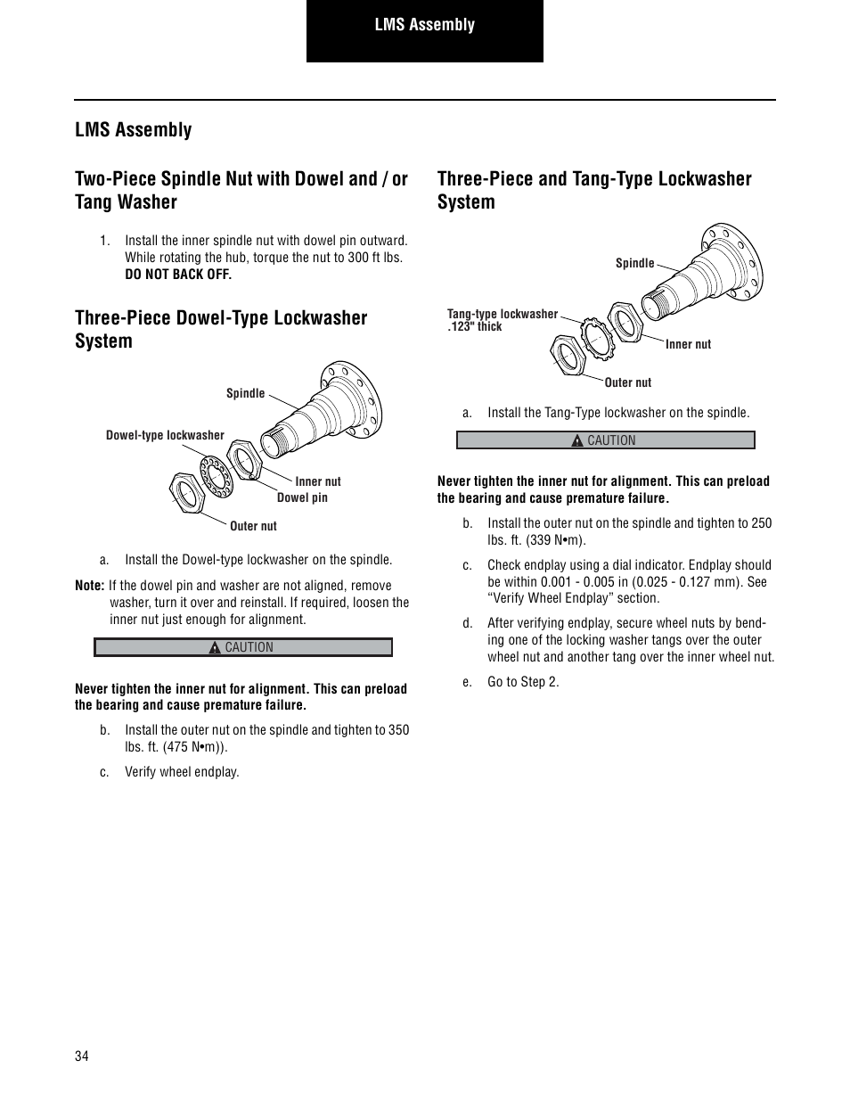 Lms assembly, Three-piece dowel-type lockwasher system, Three-piece and tang-type lockwasher system | Spicer Steer and Drive Wheel Ends Service Manual User Manual | Page 36 / 56