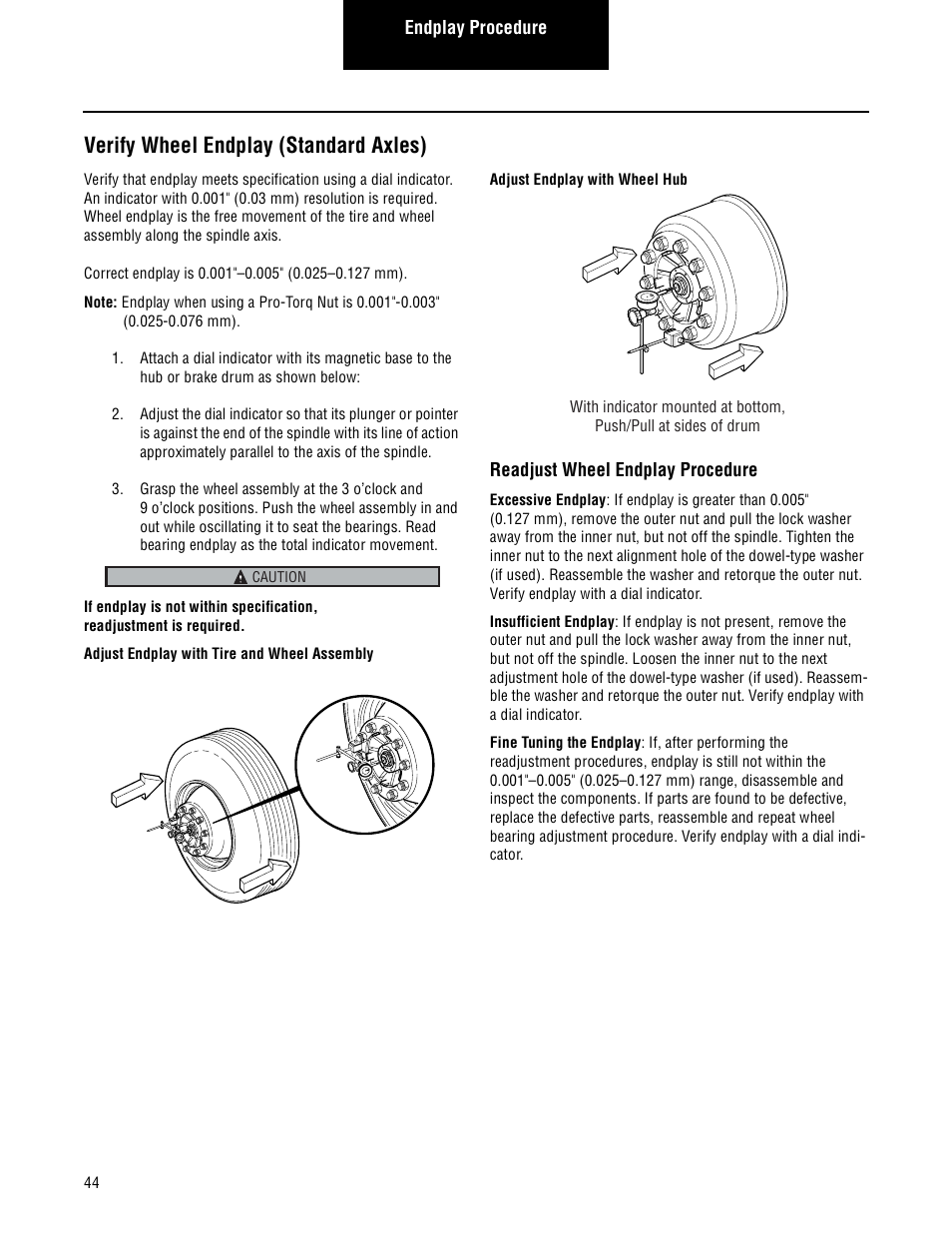 Verify wheel endplay (standard axles) | Spicer Steer and Drive Wheel Ends Service Manual User Manual | Page 46 / 56