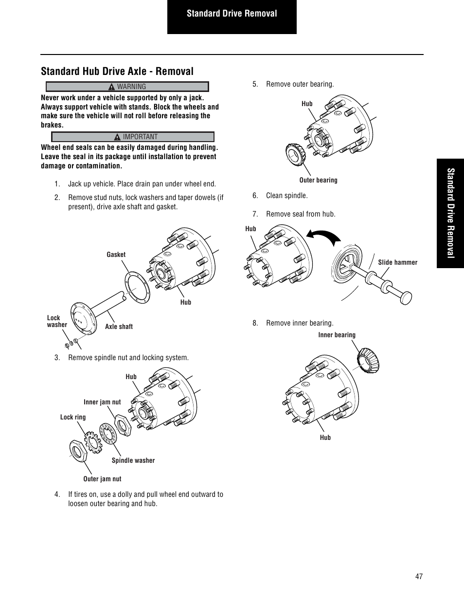 Standard hub drive axle - removal | Spicer Steer and Drive Wheel Ends Service Manual User Manual | Page 49 / 56