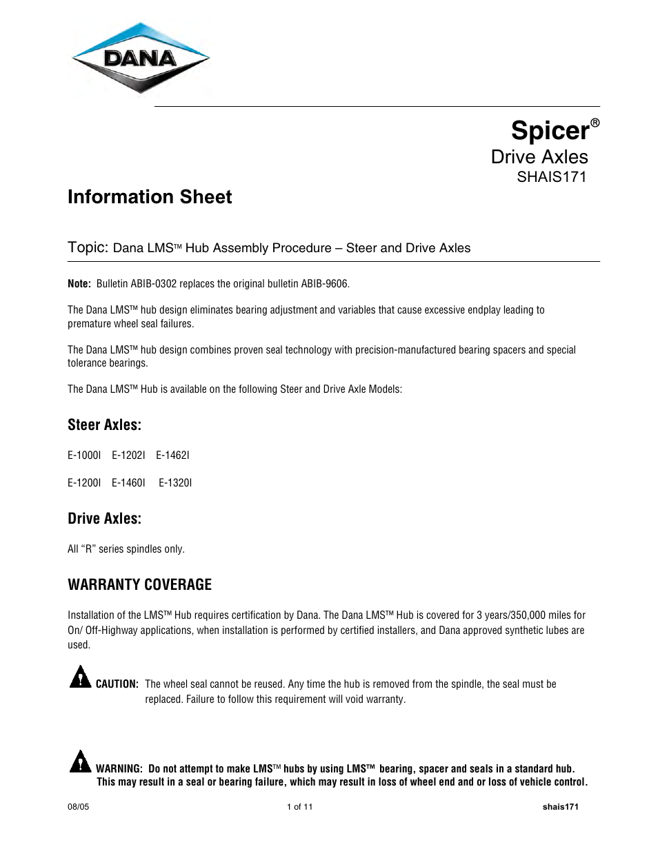 Spicer Dana LMS Hub Assembly Procedure – Steer and Drive Axles User Manual | 11 pages