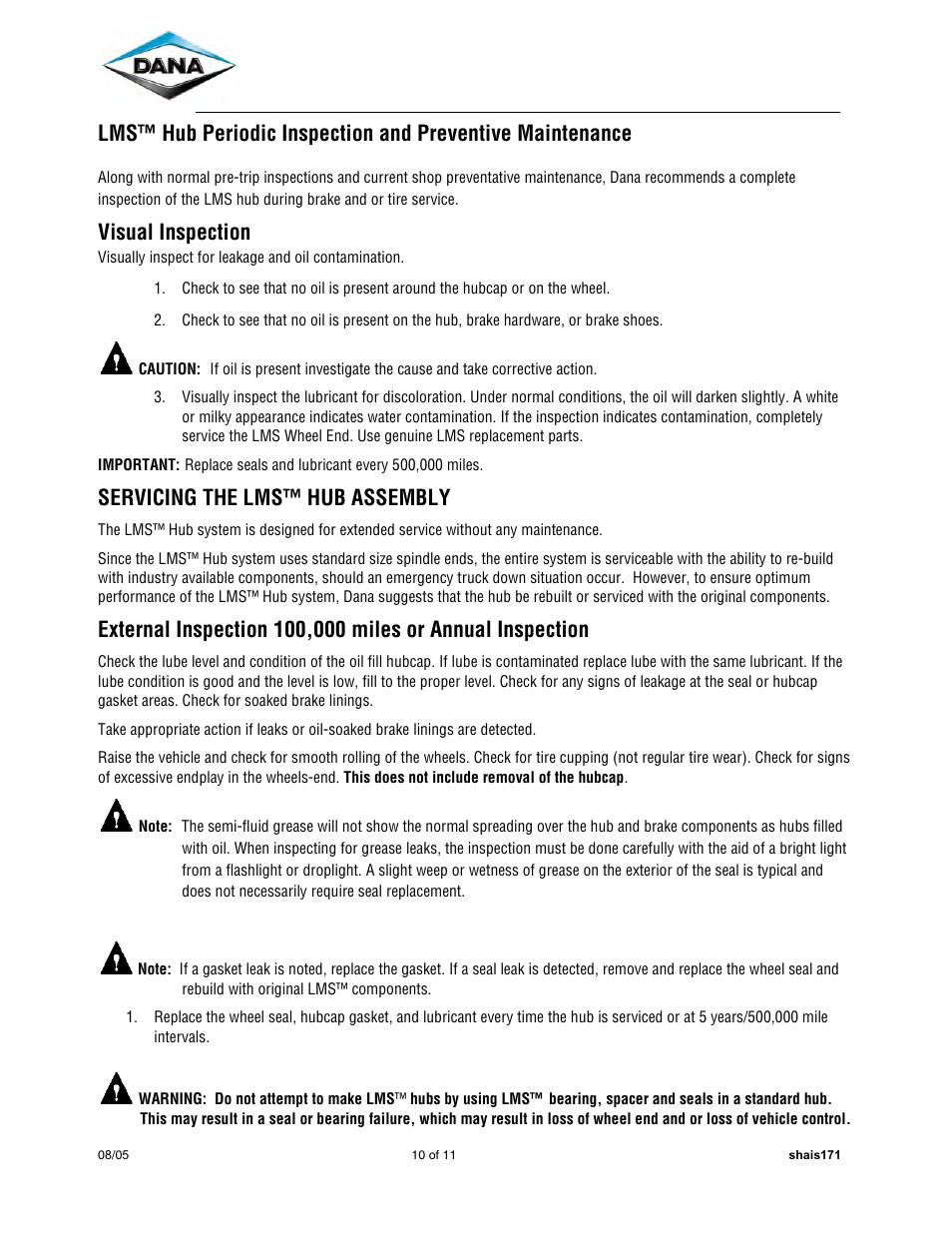Visual inspection, Servicing the lms™ hub assembly | Spicer Dana LMS Hub Assembly Procedure – Steer and Drive Axles User Manual | Page 10 / 11