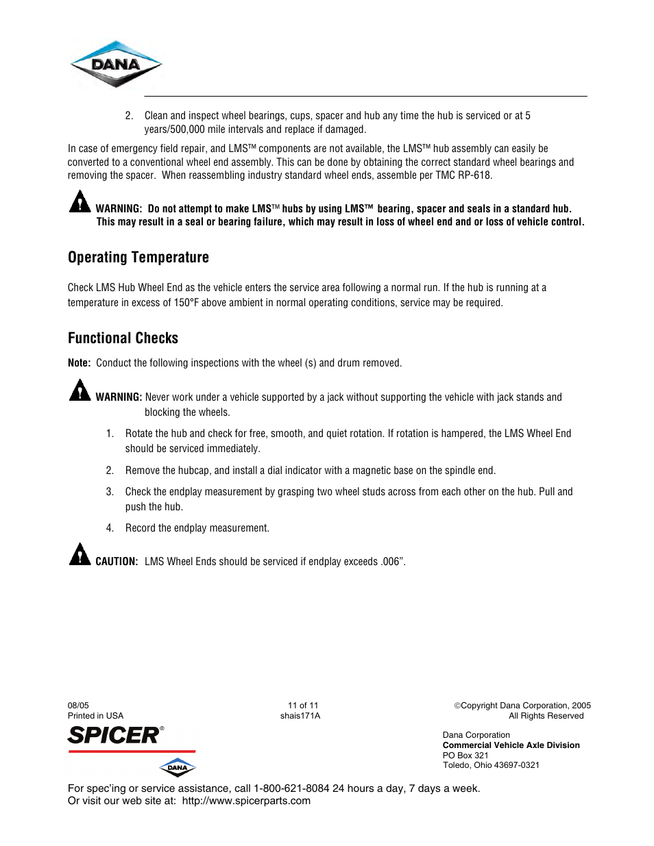 Operating temperature, Functional checks | Spicer Dana LMS Hub Assembly Procedure – Steer and Drive Axles User Manual | Page 11 / 11