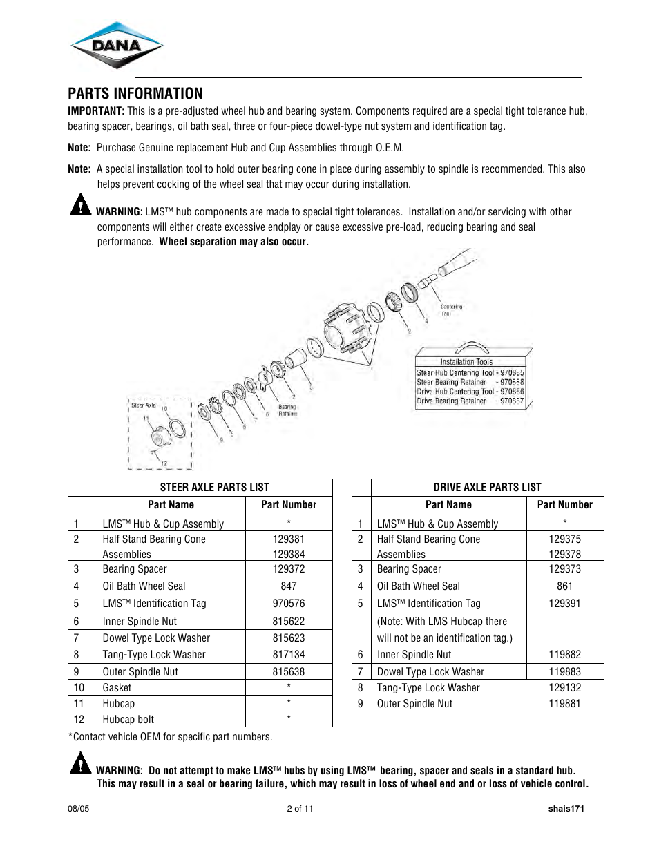 Parts information | Spicer Dana LMS Hub Assembly Procedure – Steer and Drive Axles User Manual | Page 2 / 11