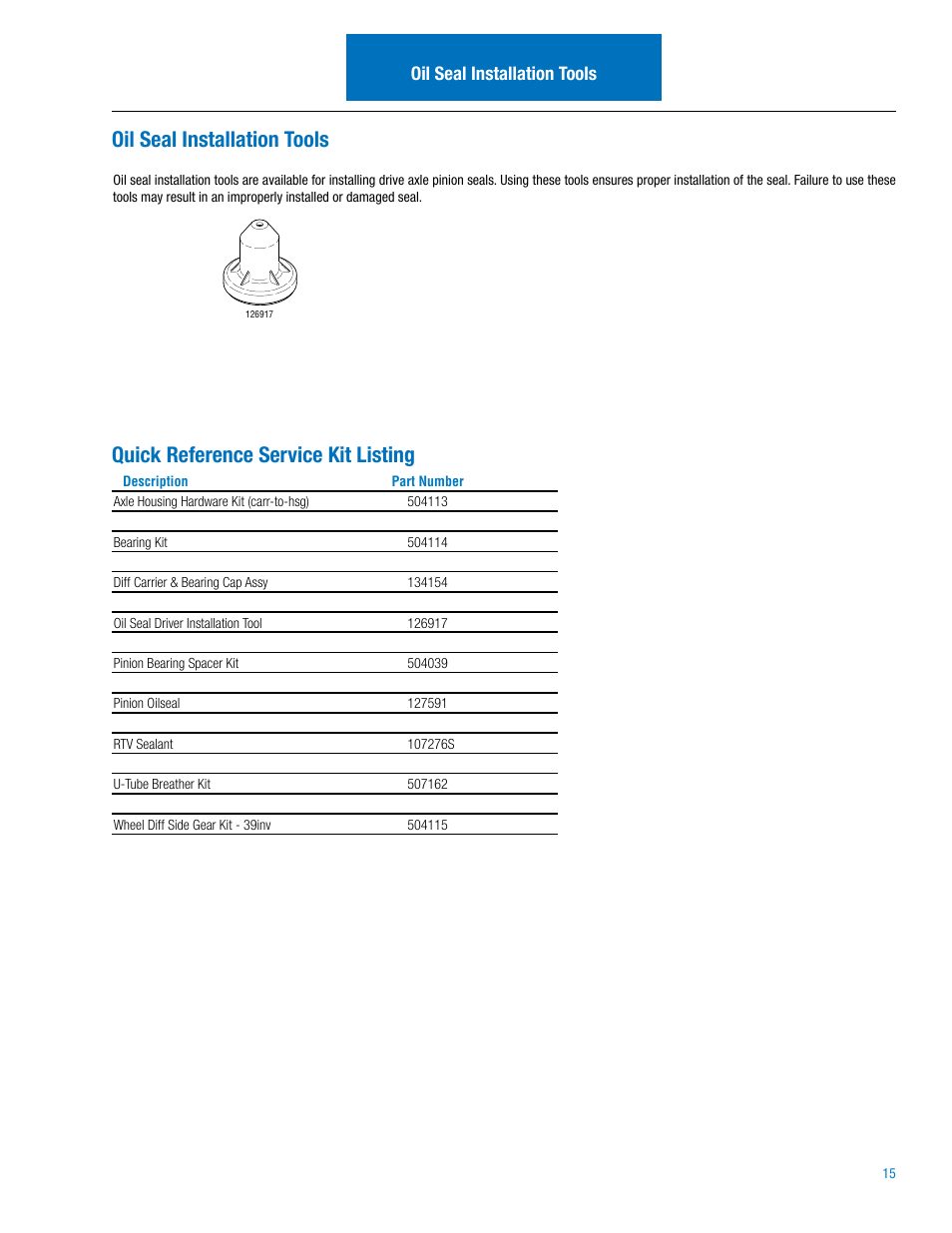 Quick reference service kit listing, Oil seal installation tools | Spicer Dana Spicer Drive Axles Illustrated Parts List User Manual | Page 17 / 18