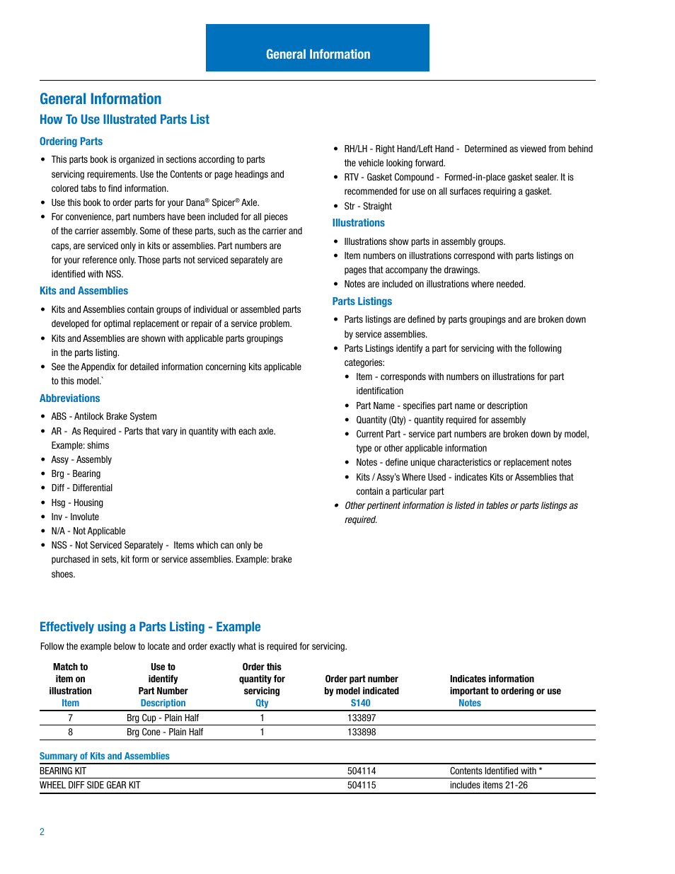 General information, How to use illustrated parts list, Effectively using a parts listing - example | Spicer Dana Spicer Drive Axles Illustrated Parts List User Manual | Page 4 / 18