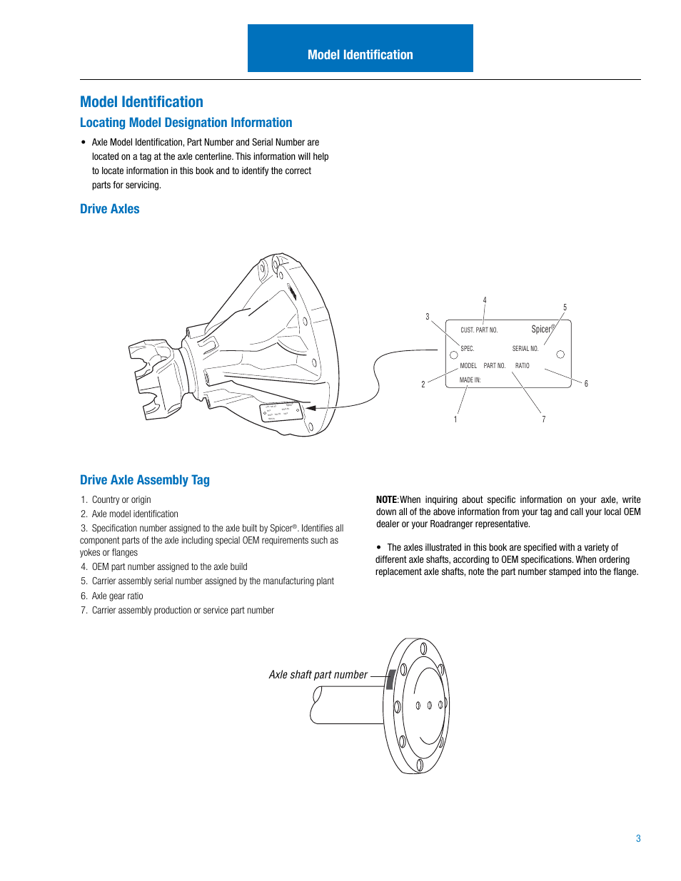 Model identification, Locating model designation information, Drive axles drive axle assembly tag | Axle shaft part number | Spicer Dana Spicer Drive Axles Illustrated Parts List User Manual | Page 5 / 18