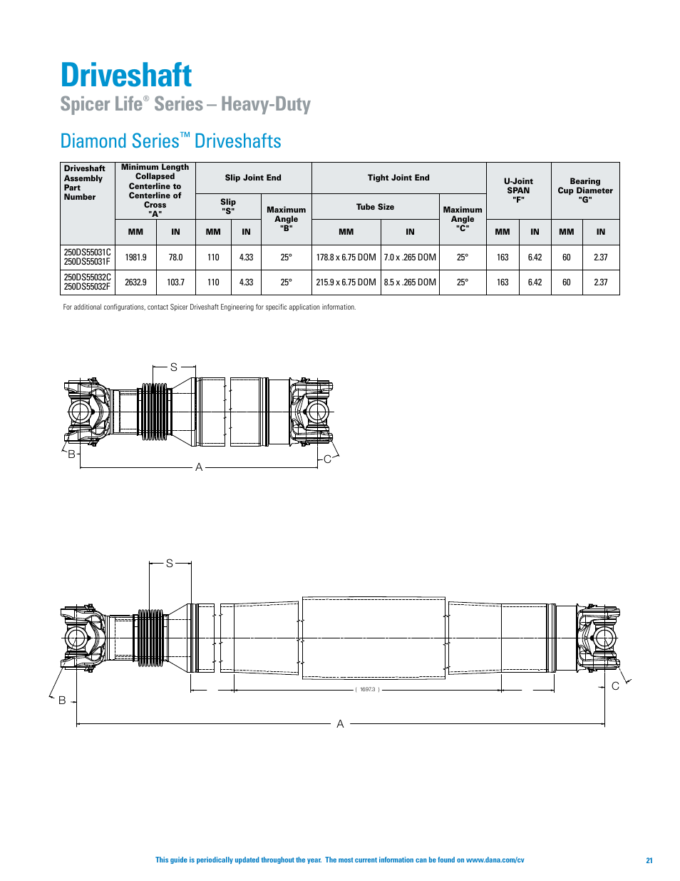 Driveshaft, Diamond series, Driveshafts | Spicer life, Series – heavy-duty | Spicer Axle, Driveshaft, Tire Management Systems, and Wheel-End Systems Specifications Guide 2013 User Manual | Page 23 / 40