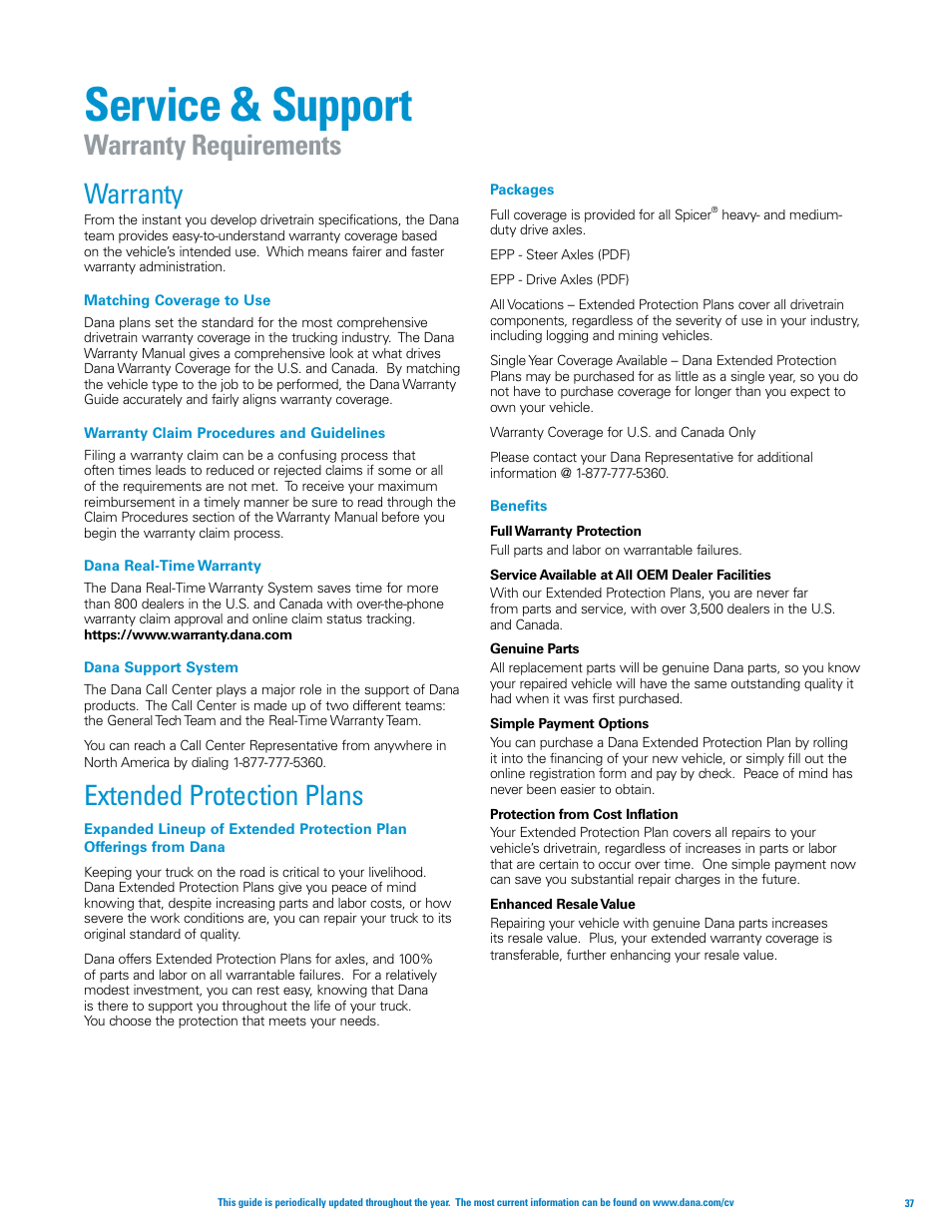 Service & support, Warranty requirements warranty, Extended protection plans | Spicer Axle, Driveshaft, Tire Management Systems, and Wheel-End Systems Specifications Guide 2013 User Manual | Page 39 / 40