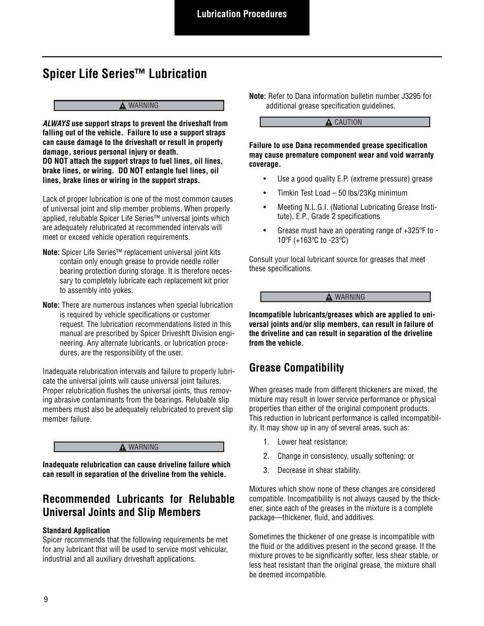 Spicer life series™ lubrication, Grease compatibility | Spicer Driveshafts Service Manual User Manual | Page 12 / 36