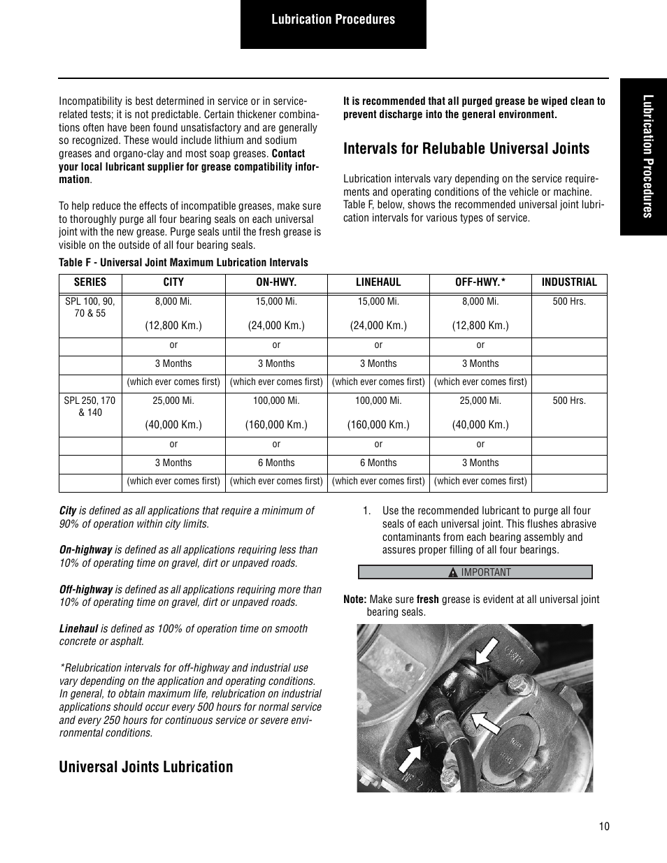 Intervals for relubable universal joints, Universal joints lubrication | Spicer Driveshafts Service Manual User Manual | Page 13 / 36