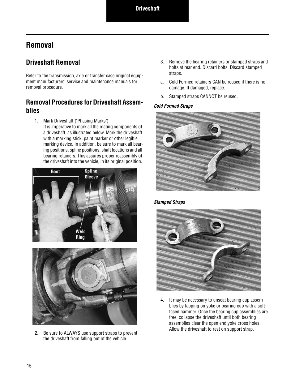 Removal, Driveshaft removal, Removal procedures for driveshaft assem- blies | Spicer Driveshafts Service Manual User Manual | Page 18 / 36
