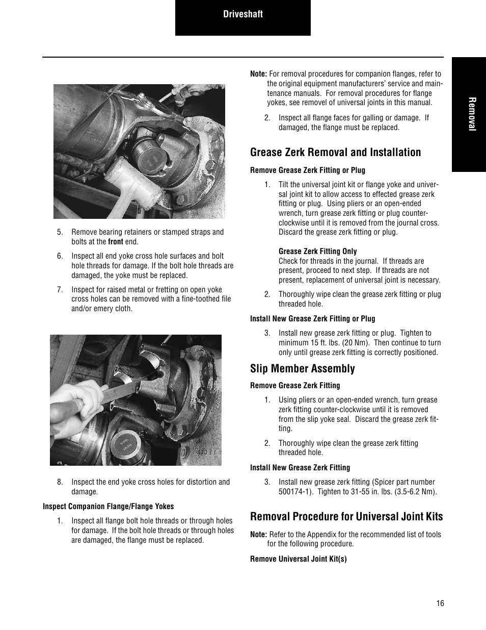 Grease zerk removal and installation, Slip member assembly, Removal procedure for universal joint kits | Spicer Driveshafts Service Manual User Manual | Page 19 / 36