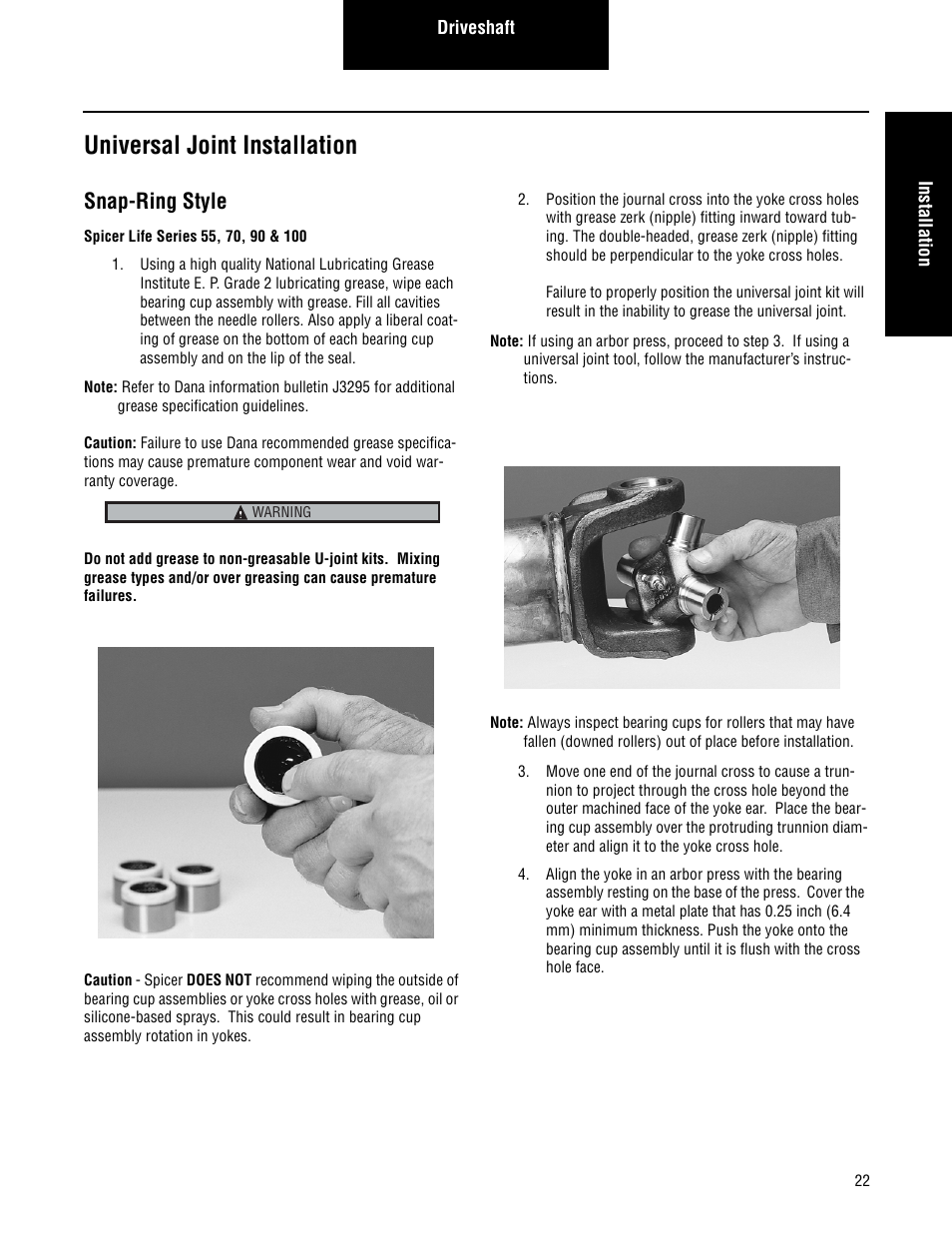Universal joint installation, Snap-ring style | Spicer Driveshafts Service Manual User Manual | Page 25 / 36