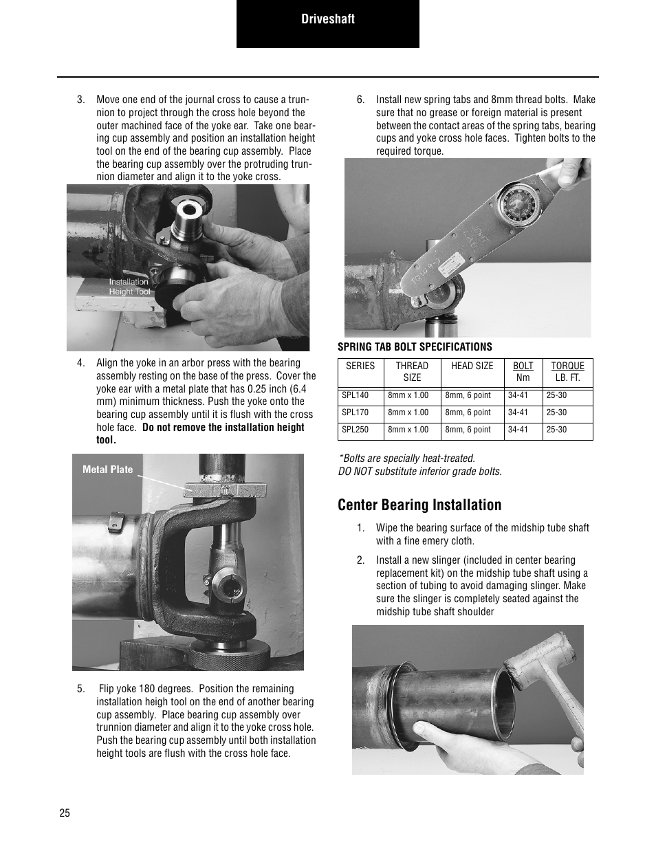 Center bearing installation, Driveshaft | Spicer Driveshafts Service Manual User Manual | Page 28 / 36