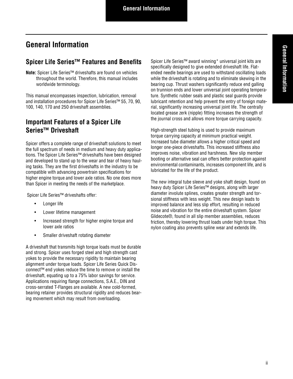 General information, Spicer life series™ features and benefits | Spicer Driveshafts Service Manual User Manual | Page 3 / 36
