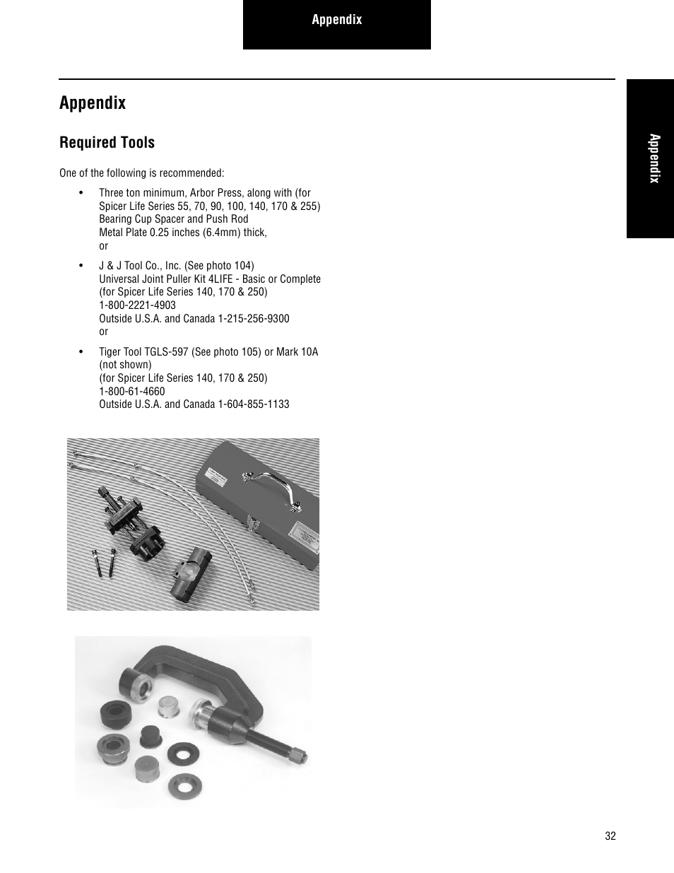 Appendix, Required tools | Spicer Driveshafts Service Manual User Manual | Page 35 / 36