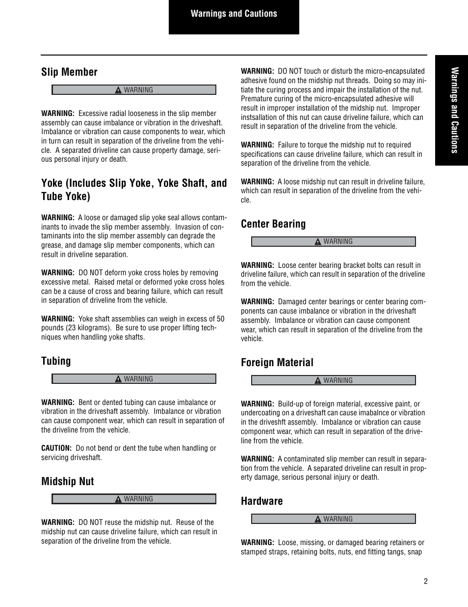 Slip member, Tubing, Midship nut | Center bearing, Foreign material, Hardware | Spicer Driveshafts Service Manual User Manual | Page 5 / 36