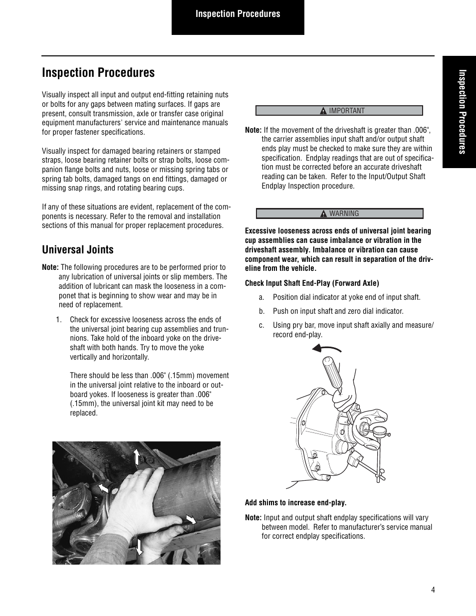 Inspection procedures, Universal joints | Spicer Driveshafts Service Manual User Manual | Page 7 / 36
