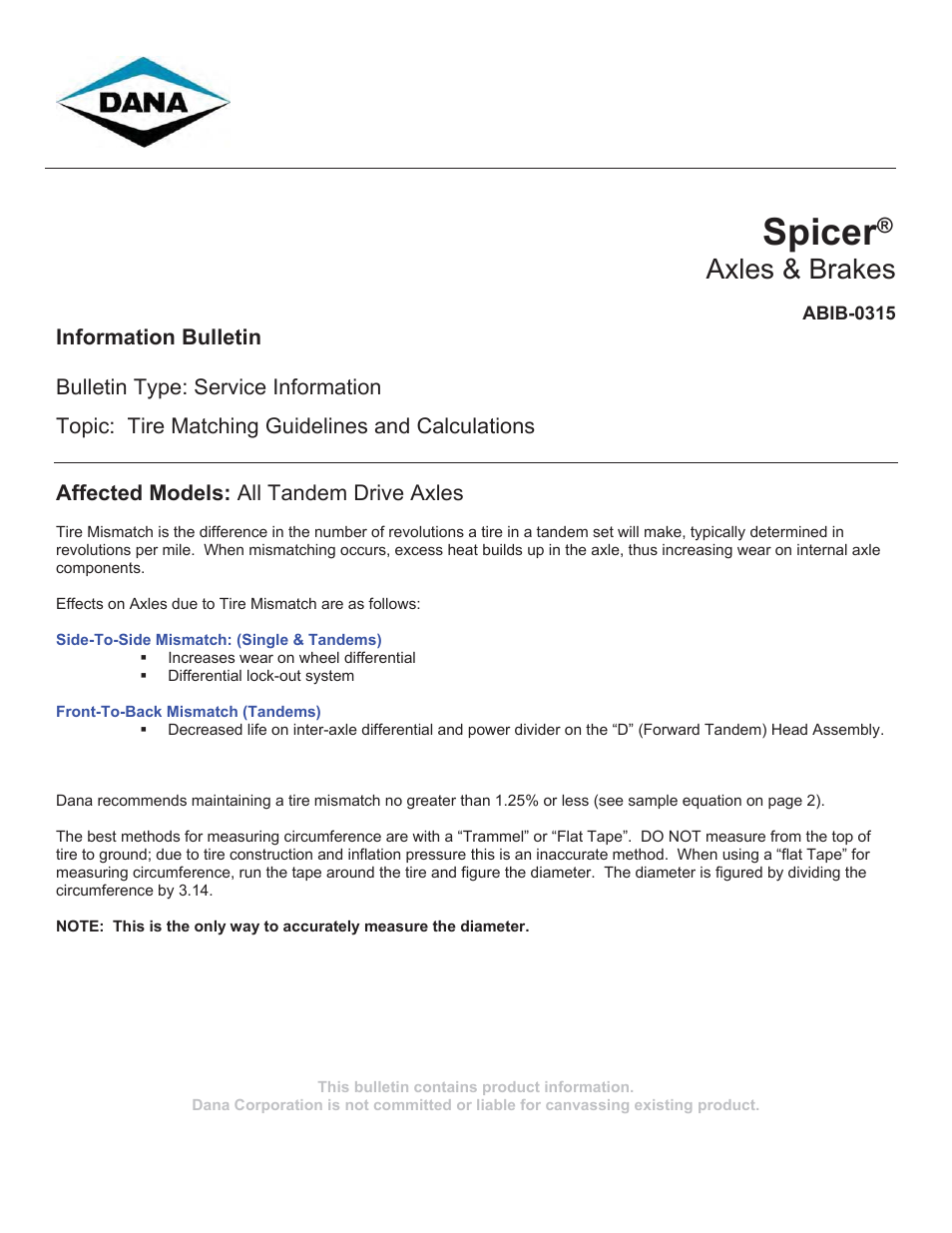 Spicer Tire Matching Guidelines and Calculations User Manual | 3 pages