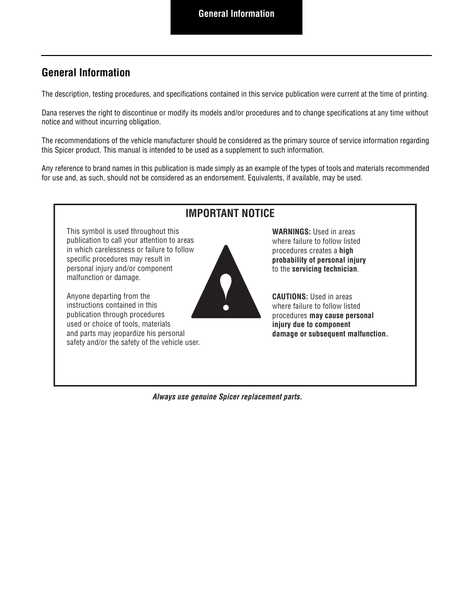 General information, Important notice | Spicer Drive Axles Service Manual Axle Shift Systems, 2-Speed Single Rear Axles User Manual | Page 2 / 33