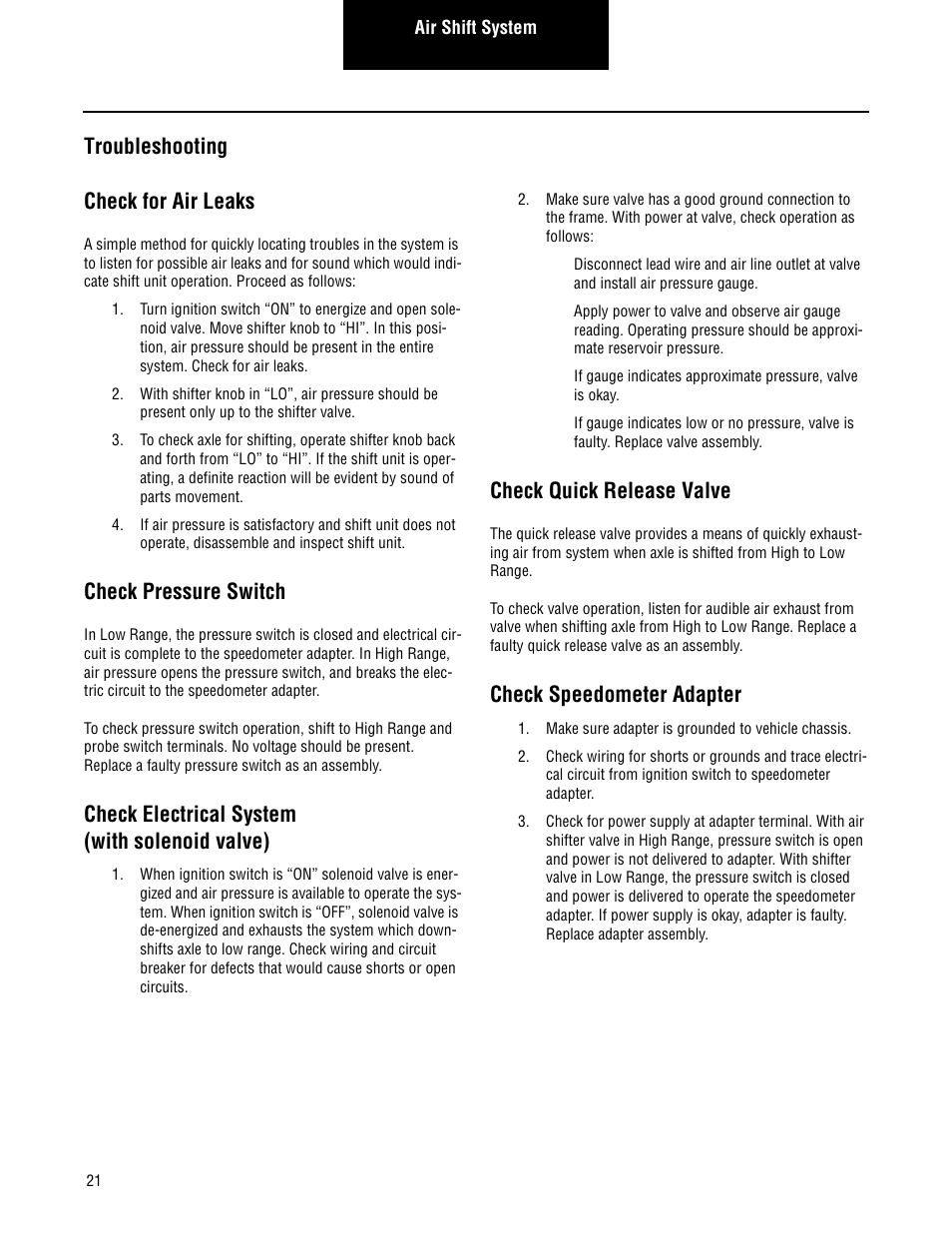 Troubleshooting check for air leaks, Check pressure switch, Check electrical system (with solenoid valve) | Check quick release valve, Check speedometer adapter | Spicer Drive Axles Service Manual Axle Shift Systems, 2-Speed Single Rear Axles User Manual | Page 24 / 33
