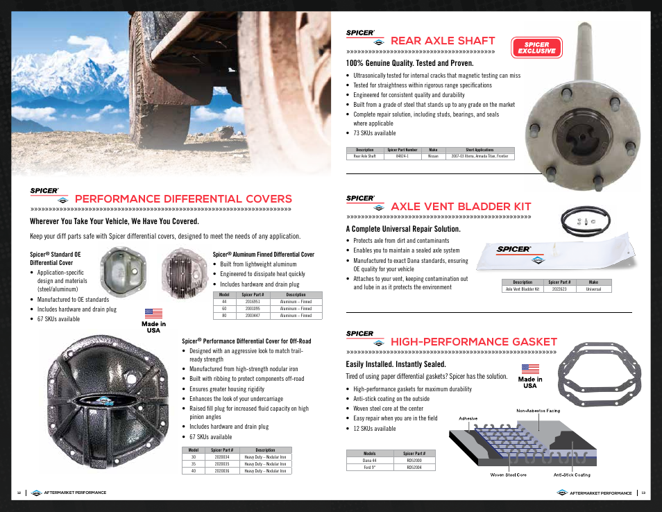 Axle vent bladder kit, Rear axle shaft, Performance differential covers | High-performance gasket, A complete universal repair solution, 100% genuine quality. tested and proven, Easily installed. instantly sealed | Spicer Dana Aftermarket Performance Brochure User Manual | Page 7 / 9