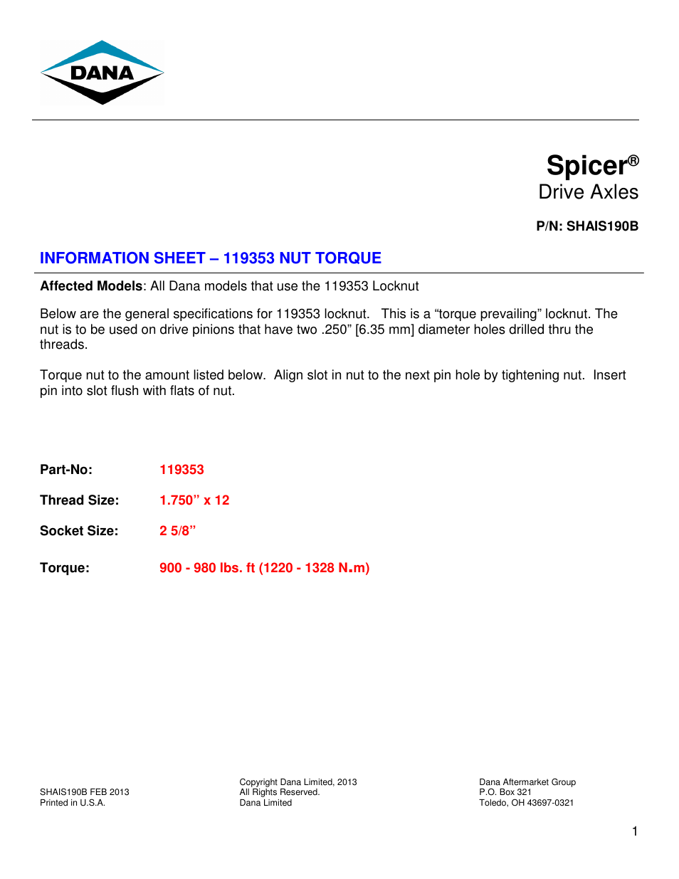 Spicer 119353 User Manual | 1 page
