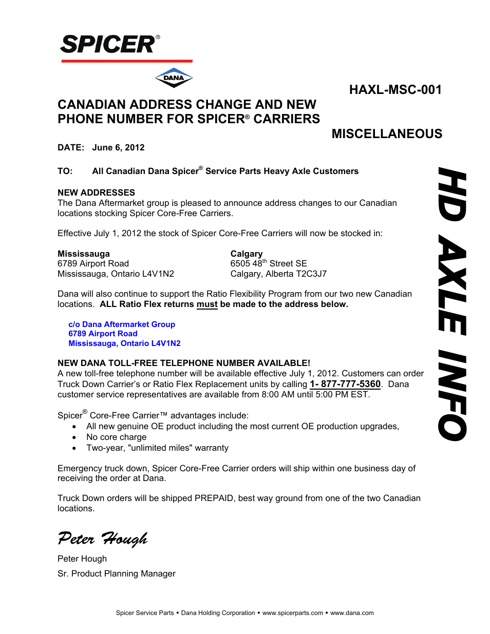 Spicer HAXL-MSC-001 User Manual | 1 page