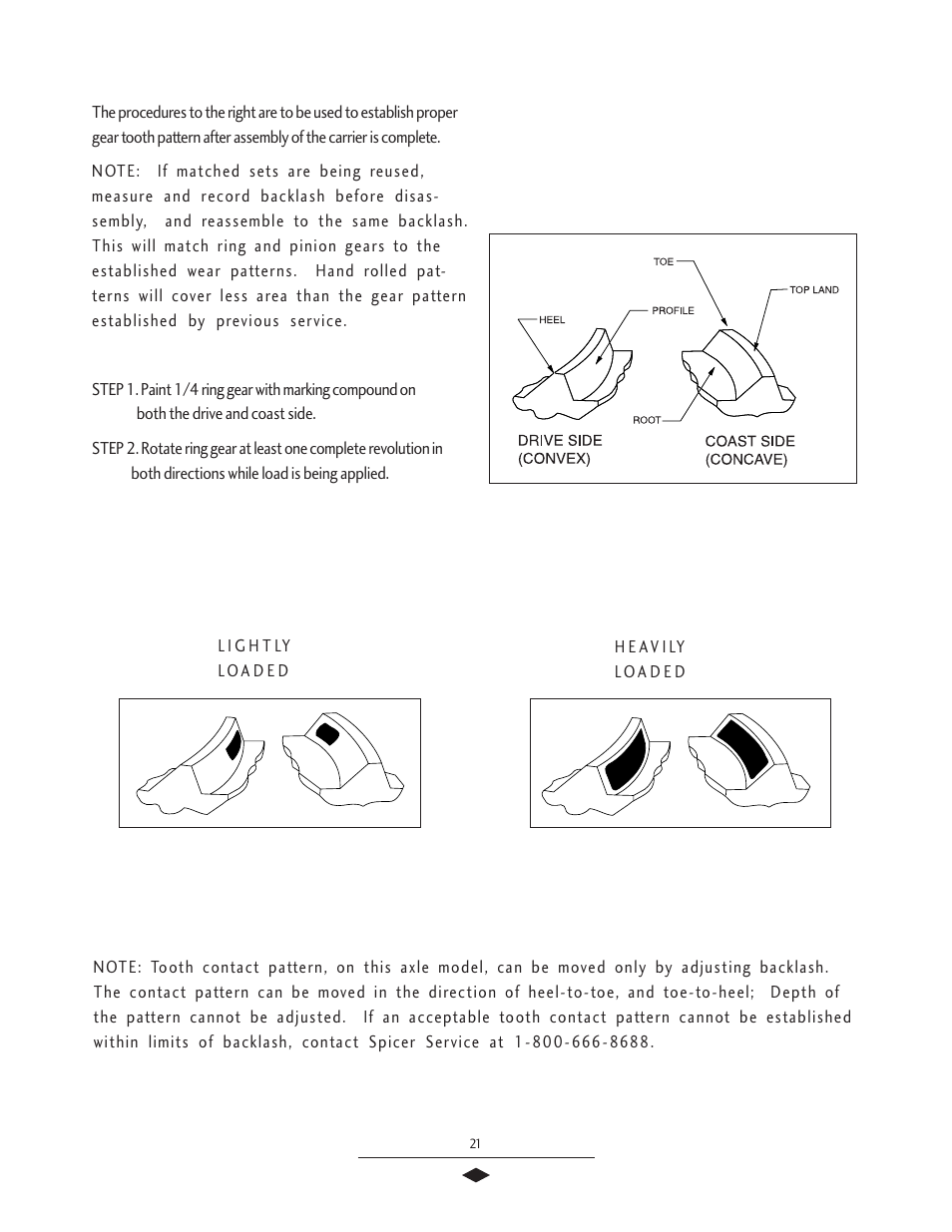 Ring gear & pinion tooth contact | Spicer Drive Axles Service Manual G & M User Manual | Page 23 / 32