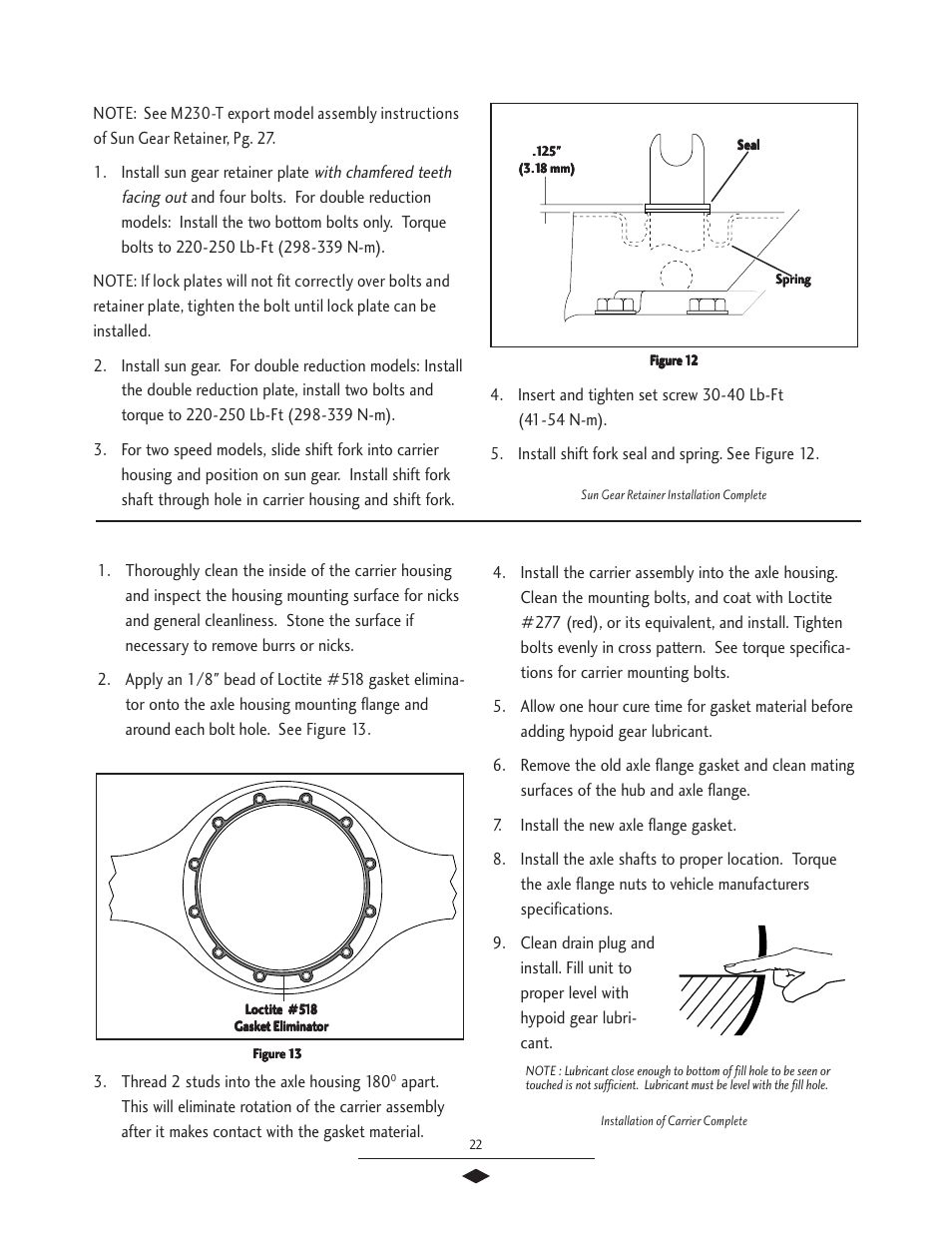 Sun gear retainer installation, Installation of carrier into housing, Installation of carrier into axle housing | Spicer Drive Axles Service Manual G & M User Manual | Page 24 / 32