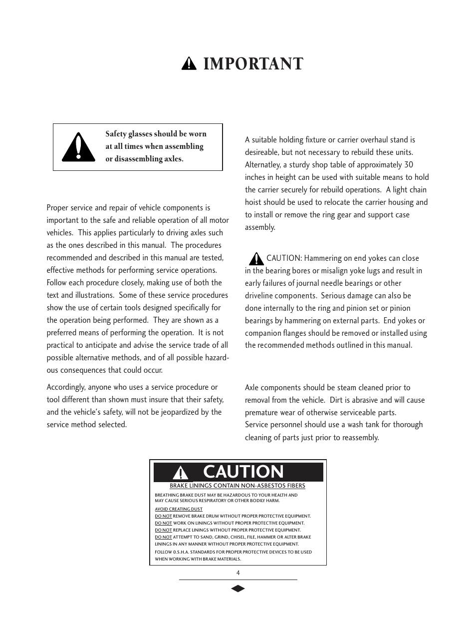 General precautions, Caution, Important | Spicer Drive Axles Service Manual G & M User Manual | Page 6 / 32