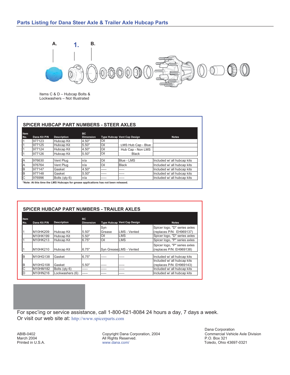 A. b, Spicer hubcap part numbers - steer axles, Spicer hubcap part numbers - trailer axles | Spicer New Dana Spicer Steer and Trailer Axle Hubcaps for Oil Application User Manual | Page 2 / 2