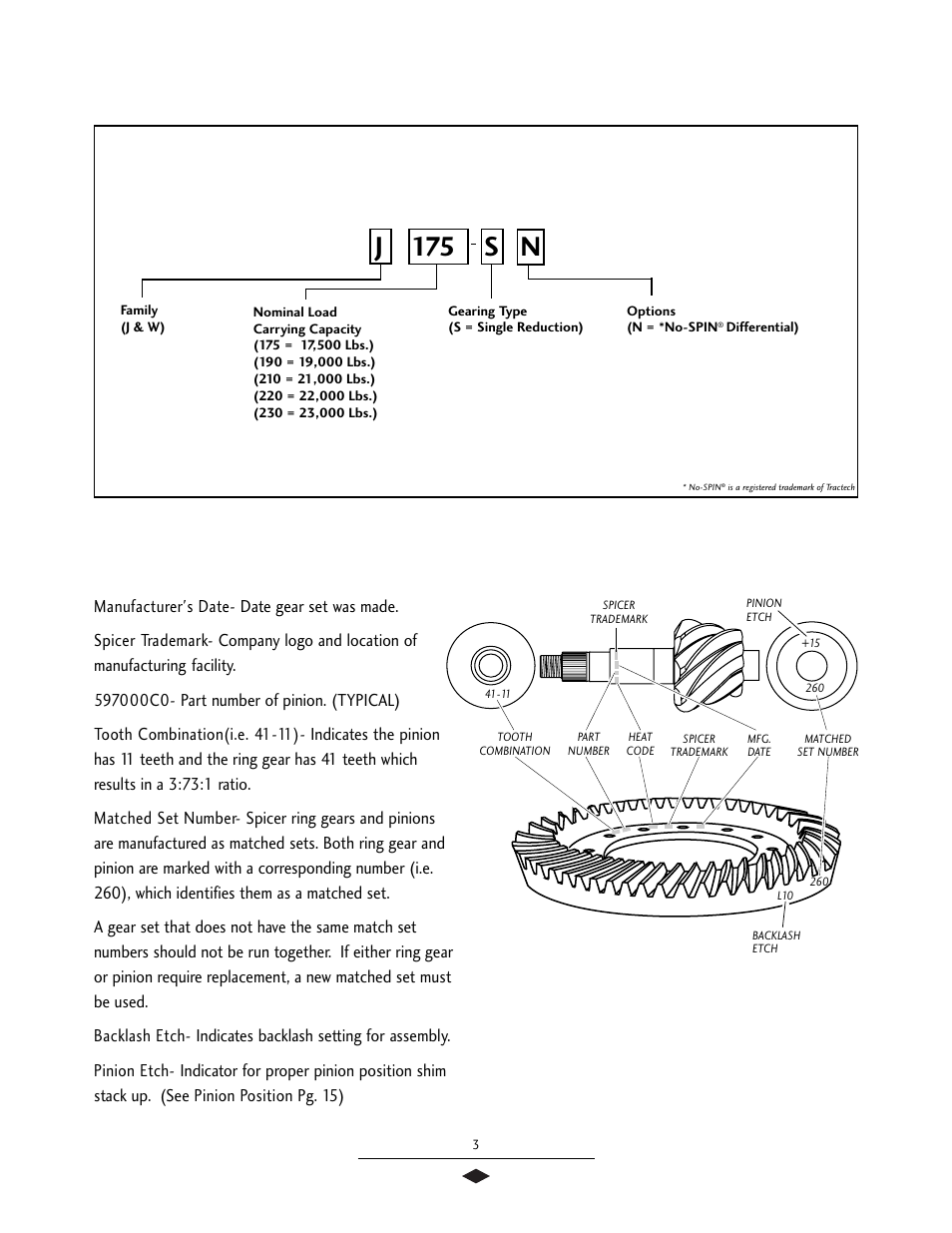 Model / gear set identification, J 175 s n, Gear set identification | Model identification numbering sys- tem | Spicer Drive Axles Service Manual J175-S, J190-S, J210-S, J220-S, J230-SB, W230-S User Manual | Page 5 / 28