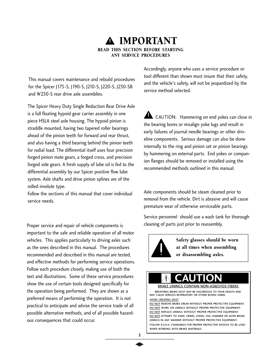 General precautions, Caution, Important | Spicer Drive Axles Service Manual J175-S, J190-S, J210-S, J220-S, J230-SB, W230-S User Manual | Page 7 / 28
