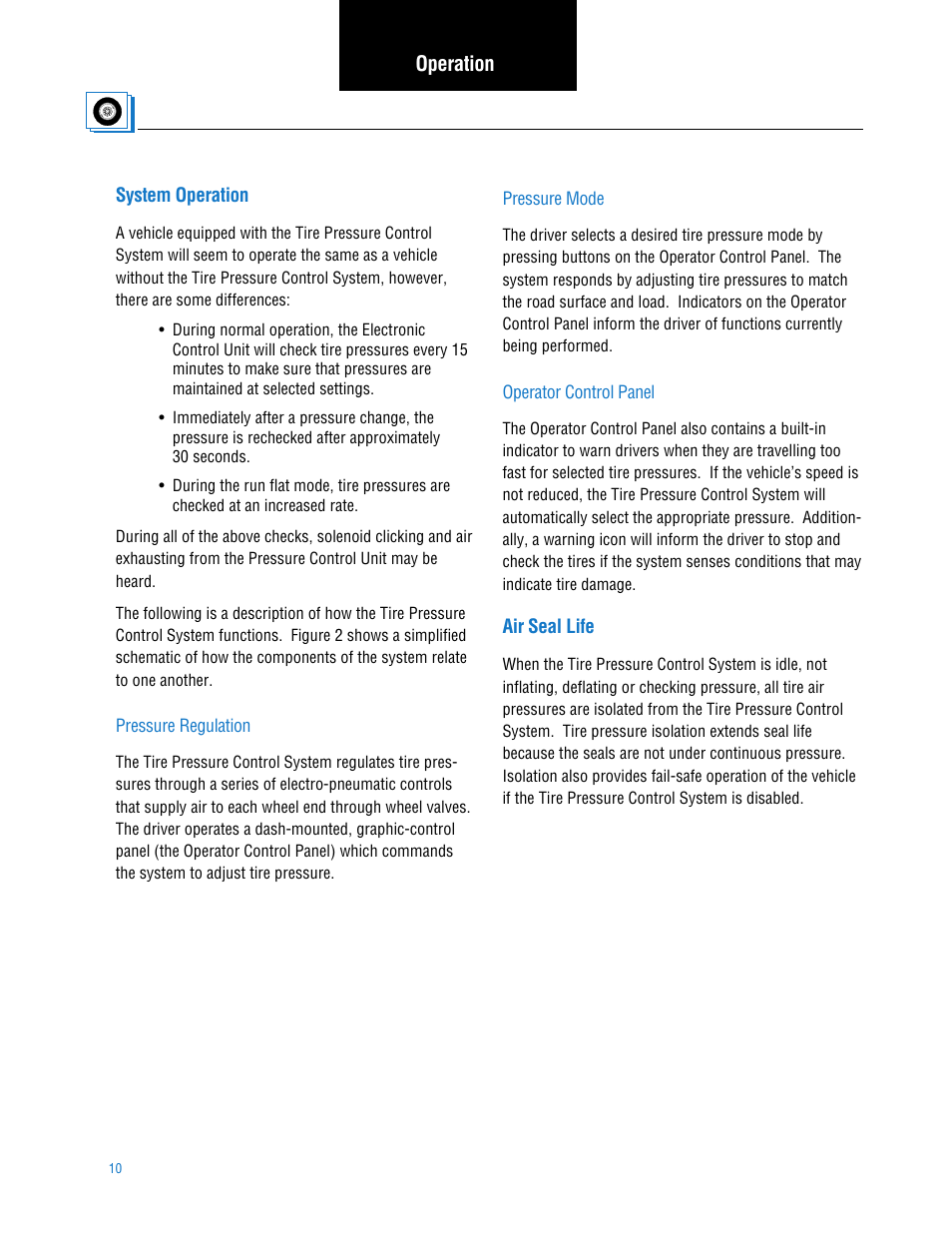 System operation, Air seal life, System operation air seal life | Operation | Spicer TPCS (Tire Pressure Control System) Service Manual User Manual | Page 10 / 60