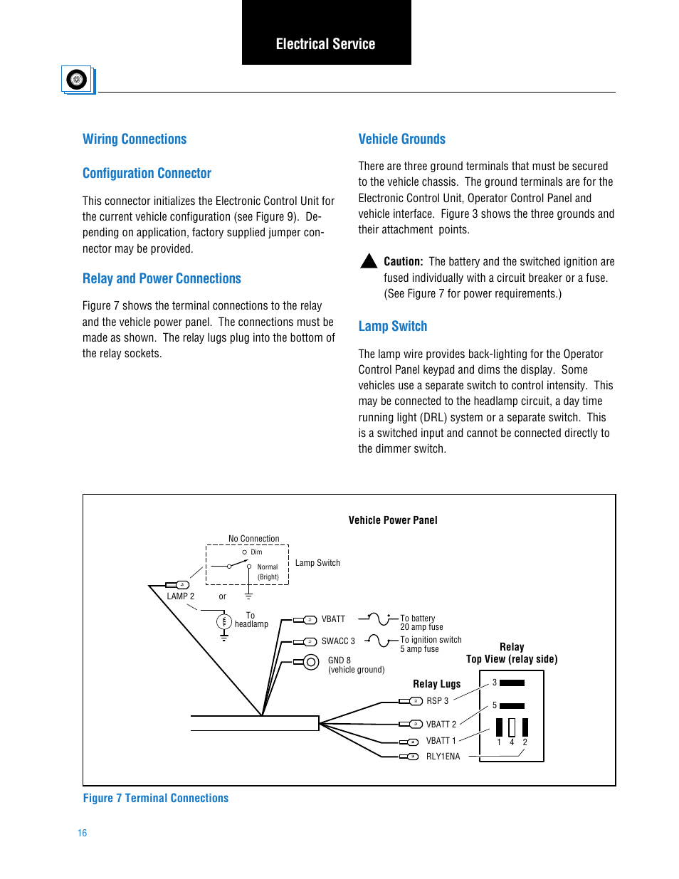 Wiring connections, Electrical service, Wiring connections configuration connector | Relay and power connections, Vehicle grounds, Lamp switch | Spicer TPCS (Tire Pressure Control System) Service Manual User Manual | Page 16 / 60
