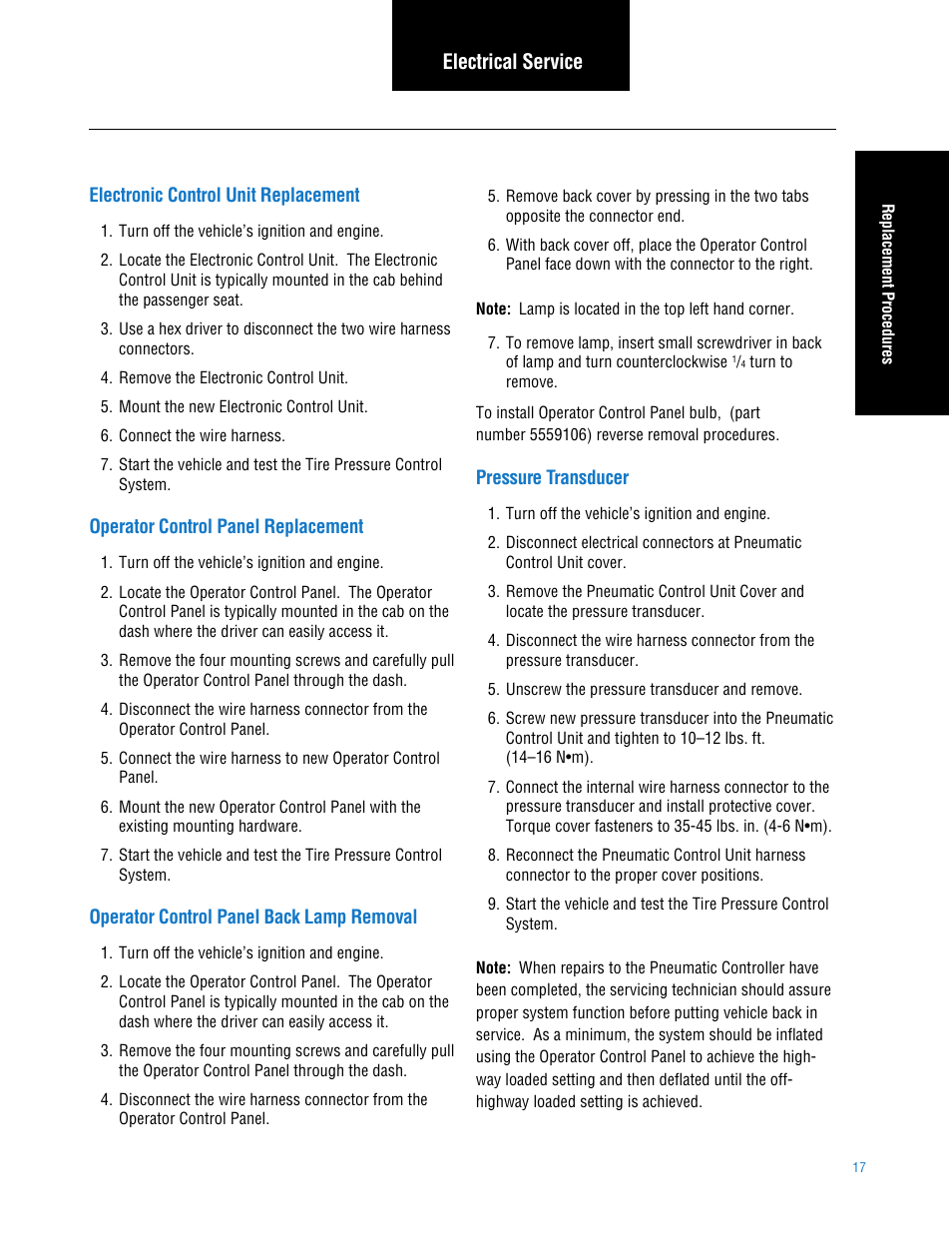Ecu replacement, Operator control panel replacement, Ocp back lamp removal | Pressure transducer, Electrical service | Spicer TPCS (Tire Pressure Control System) Service Manual User Manual | Page 17 / 60