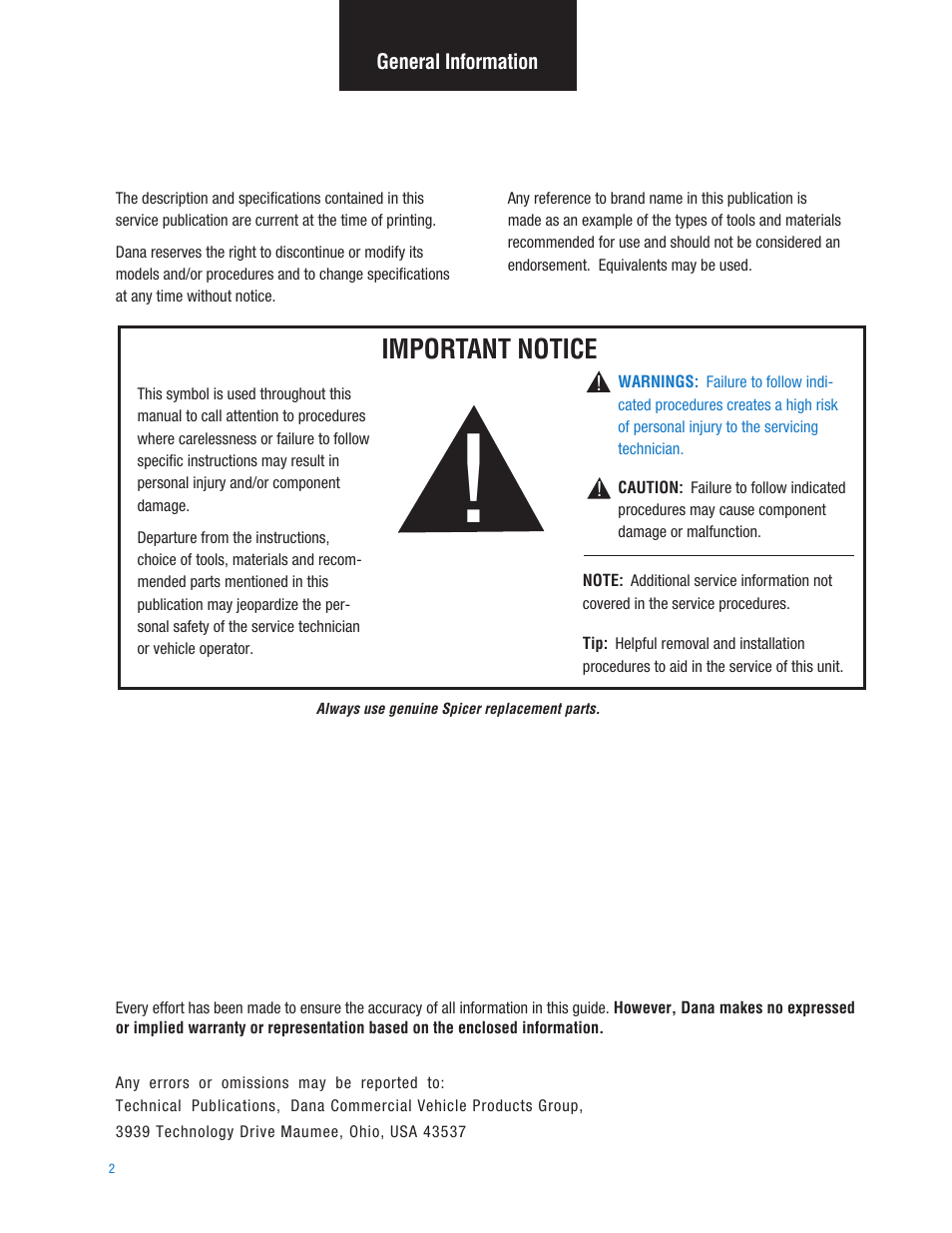 General information, Important notice | Spicer TPCS (Tire Pressure Control System) Service Manual User Manual | Page 2 / 60