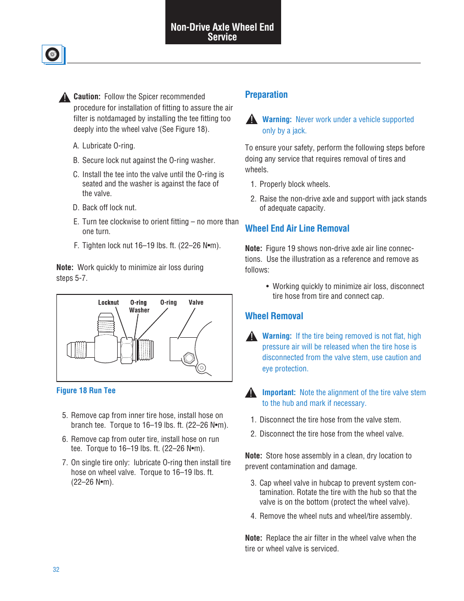 Non-drive axle wheel end service, Preparation, Wheel end air line removal | Wheel removal, Section 5: non-drive axle wheel end service | Spicer TPCS (Tire Pressure Control System) Service Manual User Manual | Page 32 / 60