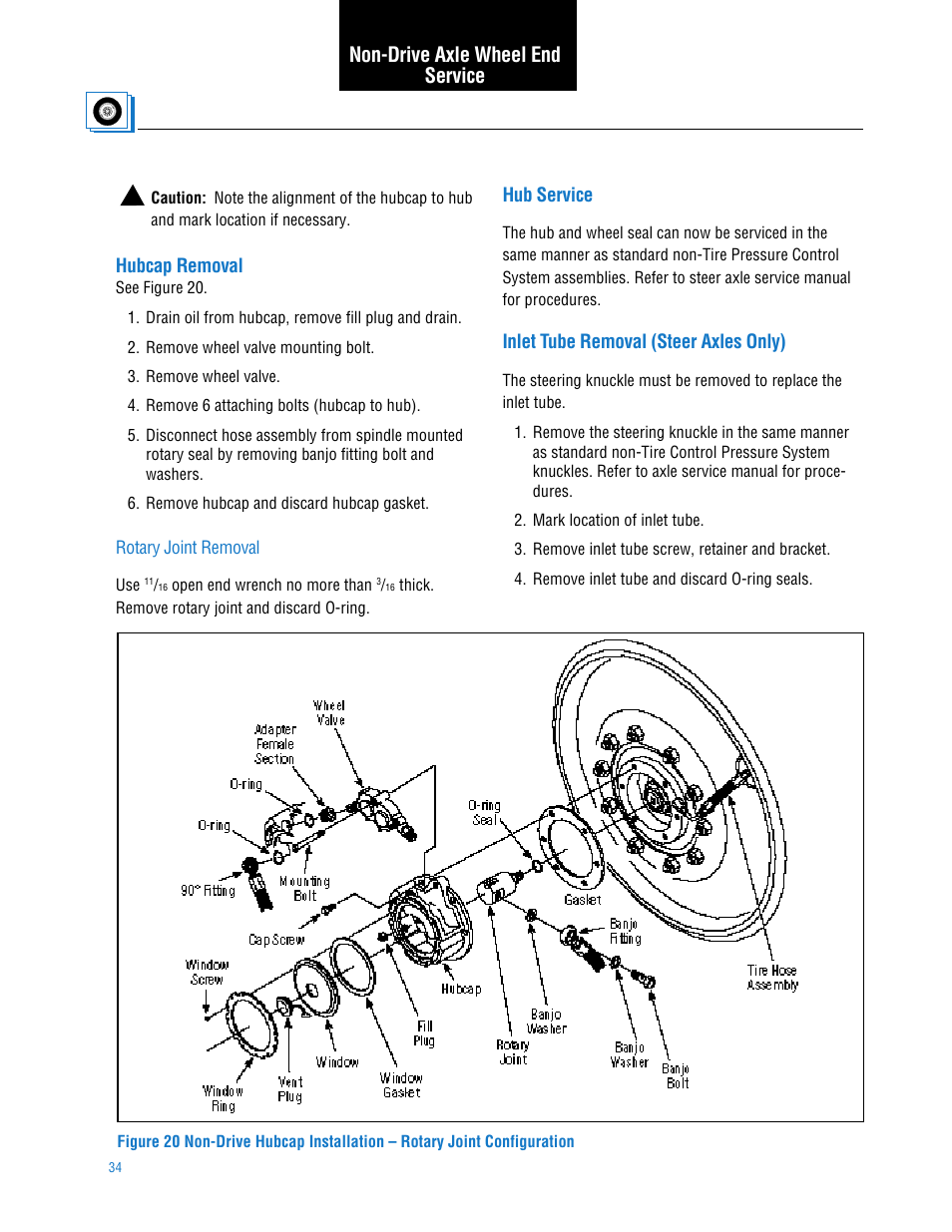 Hubcap removal, Hub service, Inlet tube removal (steer only) | Non-drive axle wheel end service | Spicer TPCS (Tire Pressure Control System) Service Manual User Manual | Page 34 / 60