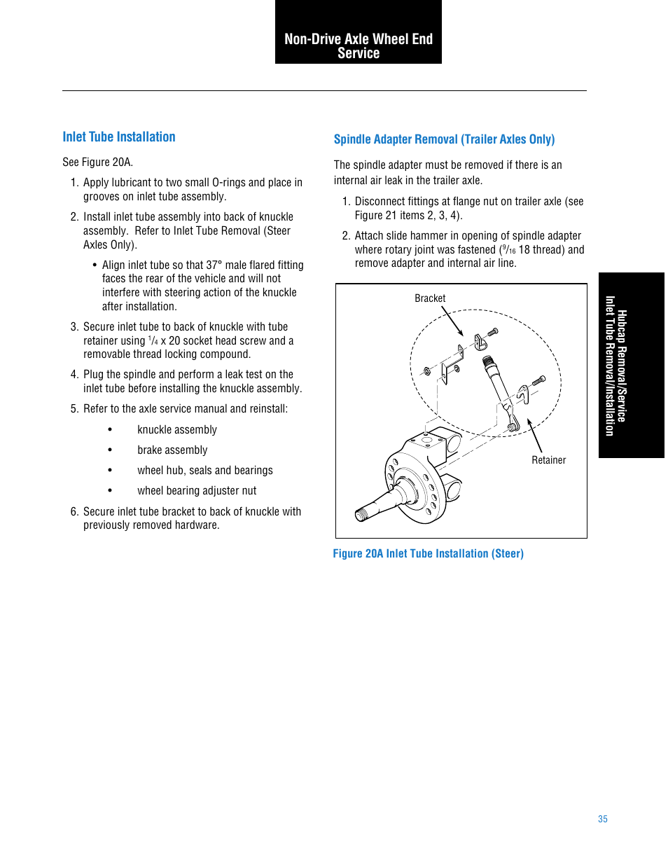 Inlet tube installation, Spindle adapter removal (trailer only), Non-drive axle wheel end service | Spicer TPCS (Tire Pressure Control System) Service Manual User Manual | Page 35 / 60