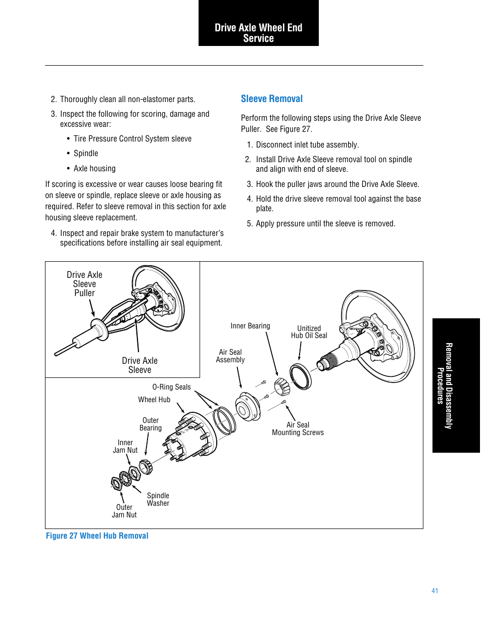 Sleeve removal, Drive axle wheel end service | Spicer TPCS (Tire Pressure Control System) Service Manual User Manual | Page 41 / 60