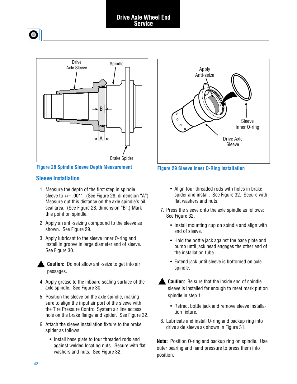 Sleeve installation, Drive axle wheel end service | Spicer TPCS (Tire Pressure Control System) Service Manual User Manual | Page 42 / 60