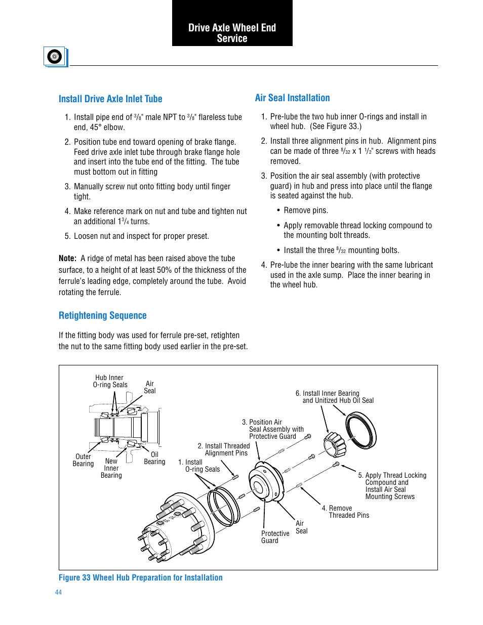 Install drive axle inlet tube, Retightening sequence, Air seal installation | Drive axle wheel end service | Spicer TPCS (Tire Pressure Control System) Service Manual User Manual | Page 44 / 60