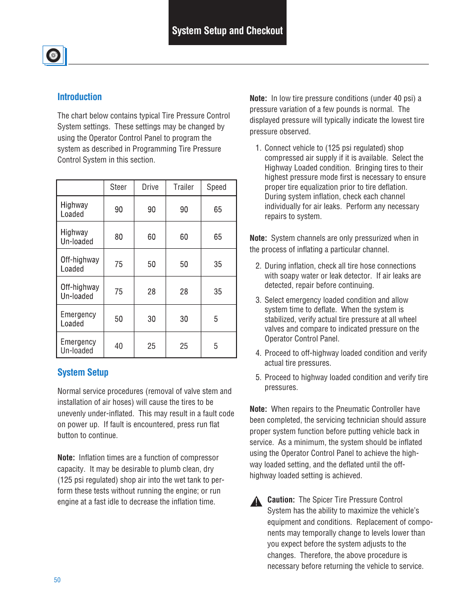 System setup and checkout, Introduction, System setup | Section 7: system setup and checkout, Introduction system setup | Spicer TPCS (Tire Pressure Control System) Service Manual User Manual | Page 50 / 60