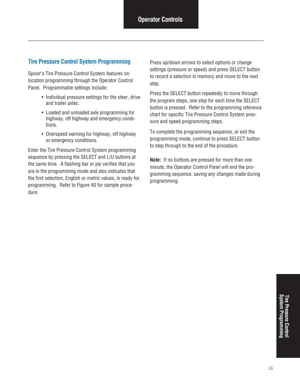 Tpcs programming, Tire pressure control system programming, Operator controls | Spicer TPCS (Tire Pressure Control System) Service Manual User Manual | Page 55 / 60