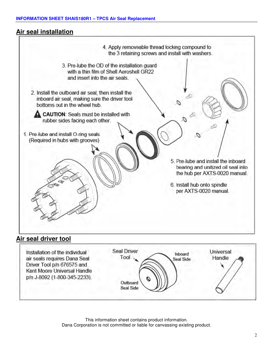 Air seal installation, Air seal driver tool | Spicer TPCS Air Seal Replacement User Manual | Page 2 / 3